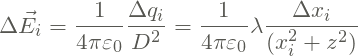 \begin{equation*} \Delta \vec{E}_i = \frac{1}{4\pi \varepsilon_0}\frac{\Delta q_i}{D^2} = \frac{1}{4\pi \varepsilon_0}\lambda \frac{\Delta x_i}{(x_i^2 + z^2)} \end{equation*}